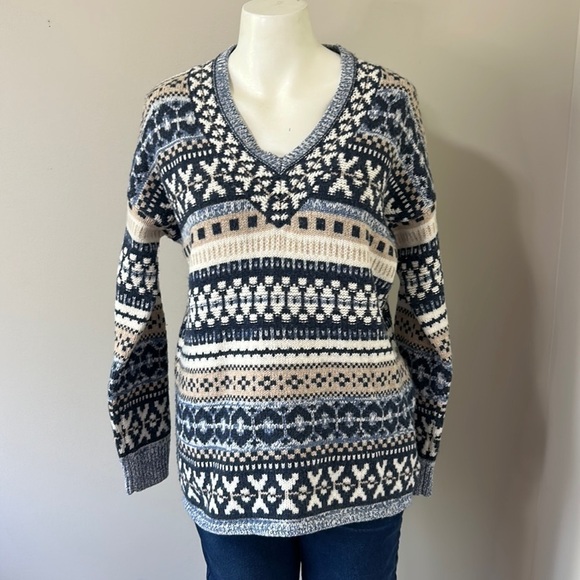 MADEWELL Forrest Fair Isle Wool V-Neck Sweater Blue Tan Cream Sz XS - Picture 4 of 14